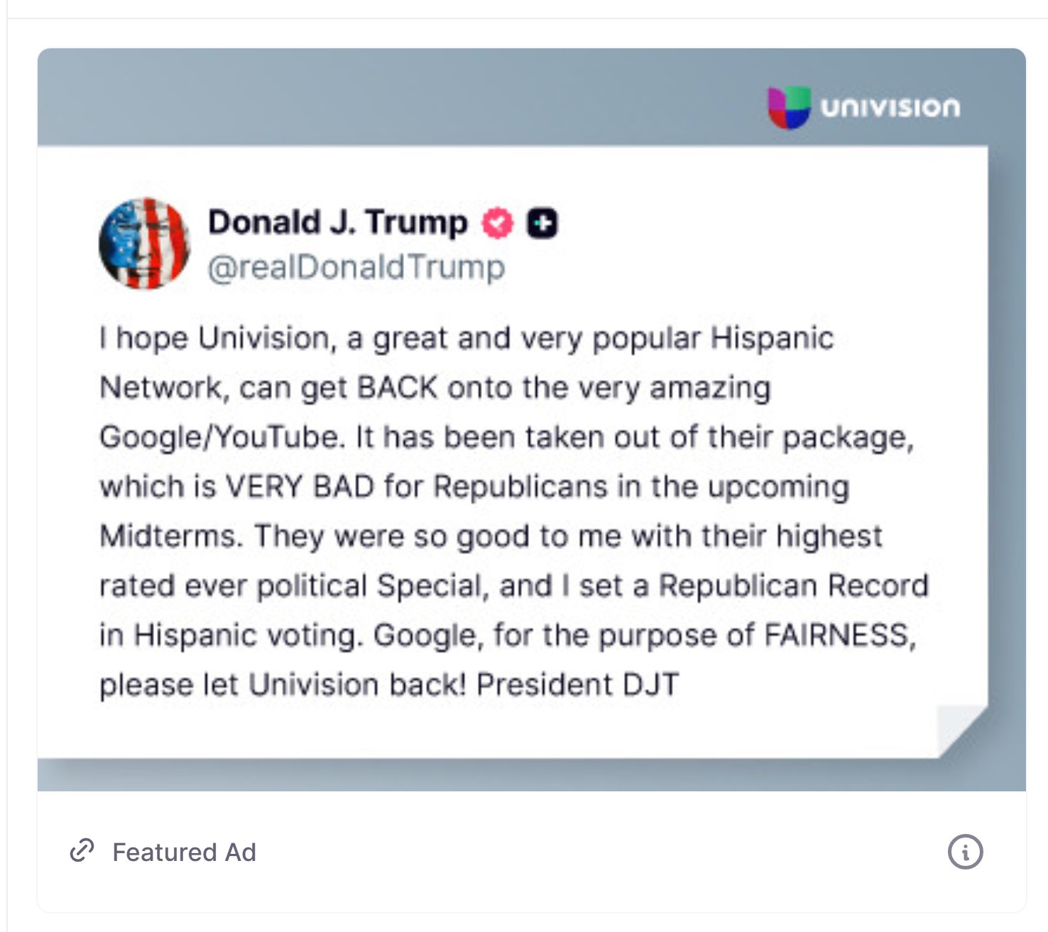 Univision takes out ad touting Trump praise on Truth Social